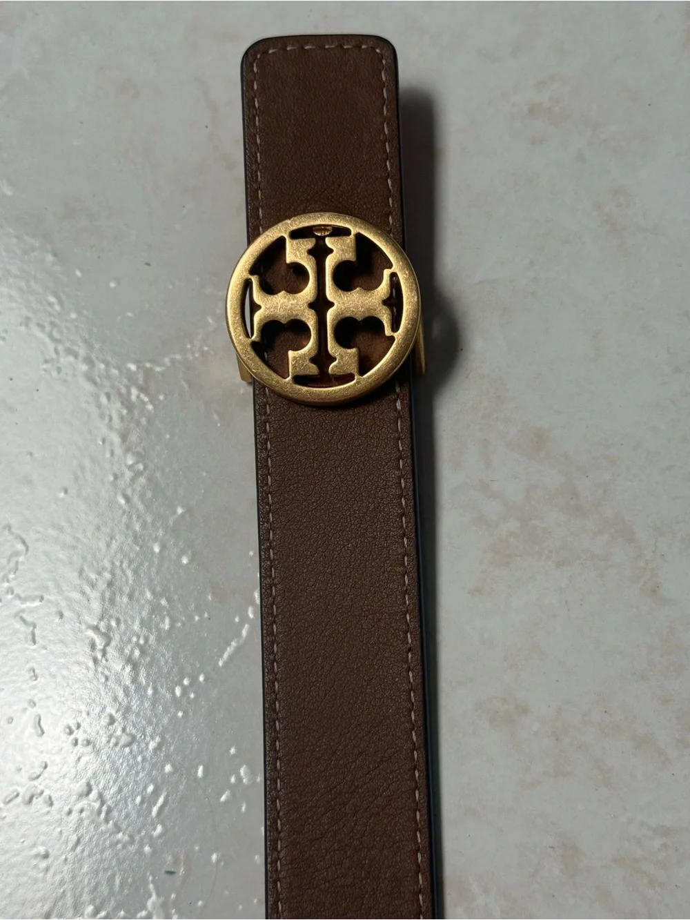 Tory Burch Pebbled Orange and brown Leather Belt with Gold Logo Buckle Small
